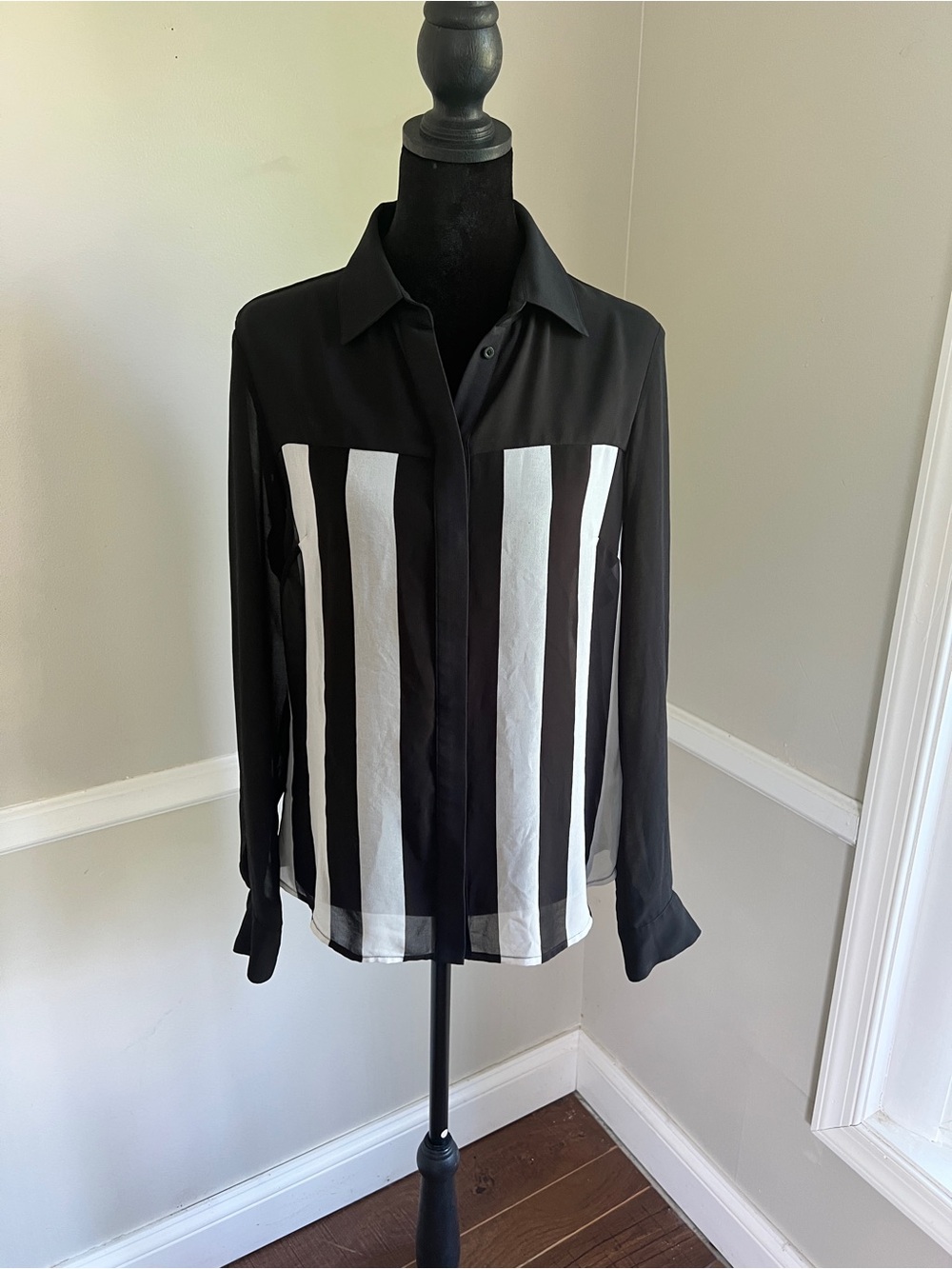 bebe Black and White Vertical Stripe Button-Up Blouse